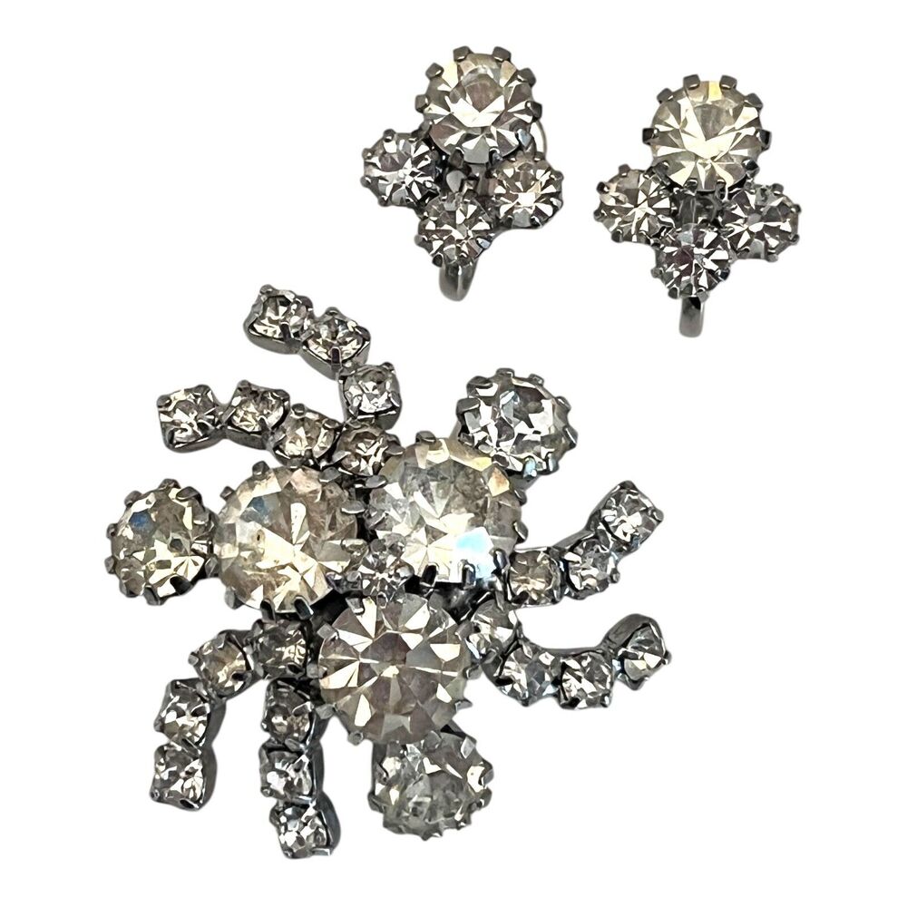 Vintage 1950s Rhinestone Brooch Earring Set Screw Back Crystal Silver Tone - 5P
